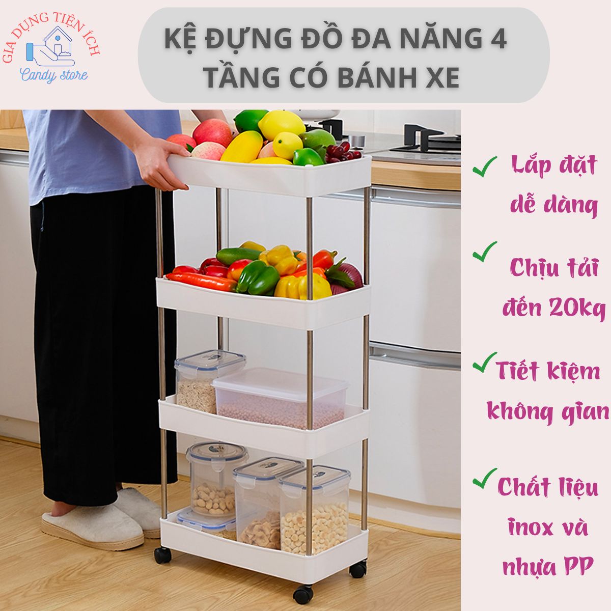 Kệ đựng đồ đa năng 4 tầng có bánh xe đẩy, Kệ đựng đồ nhà tắm, kệ xe đẩy nhà bếp chất liệu inox cao cấp Nbh Min su