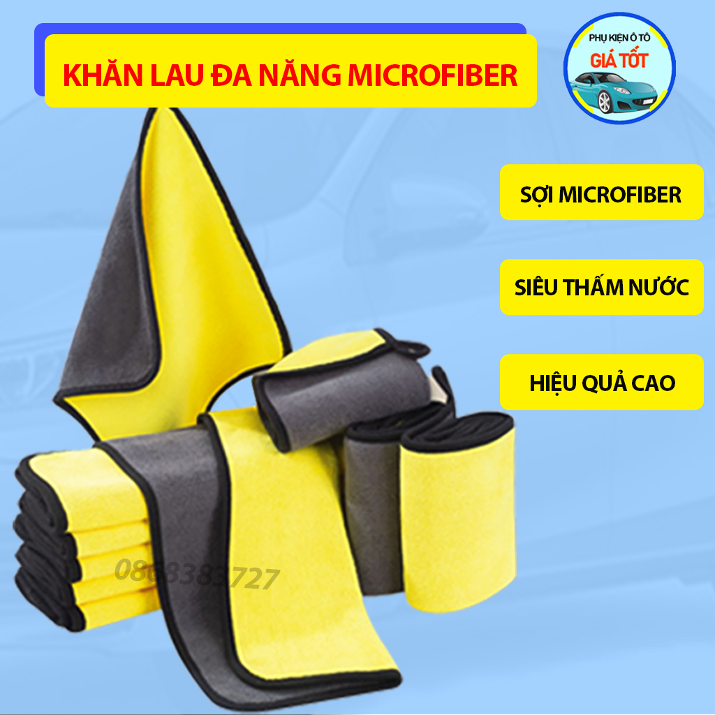 Combo 5 khăn lau xe ô tô microfiber chuyên dụng 2 lớp siêu thấm siêu mềm, khăn lau rửa kính 3m xe oto , xe hơi
