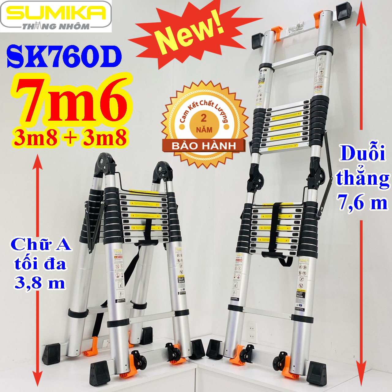 Thang nhôm rút chữ A 3.8m duỗi thẳng 7.6m Sumika SK760D - Nút cao su chống trượt, khóa chống rung lắc, tải trọng 300kg, bảo hành 2 năm SK760D 560D