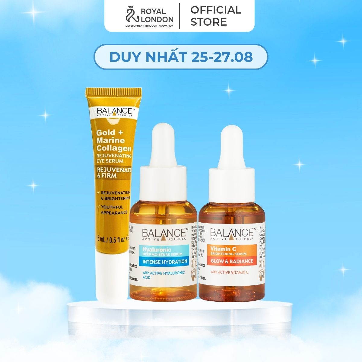 Combo Balance dưỡng toàn diện Serum Vitamin C 30ml+Serum Hyaluronic 30ml+Kem mắt Gold Collagen 15ml