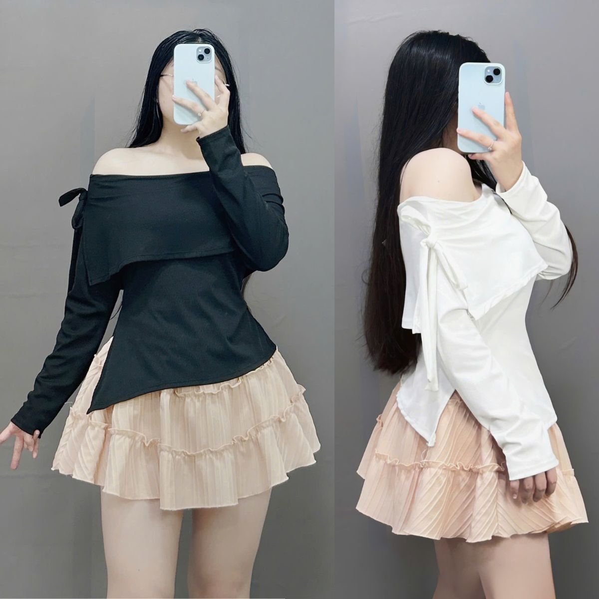 Set Áo Váy Bigsize Áo Trễ Vai Dài Tay Buột Nơ Điệu Đà Phối Chân Váy 2 Tầng Xoè Dễ Thương -SET942