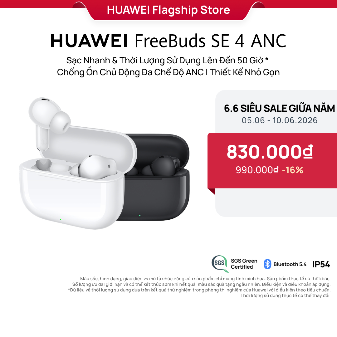Tai Nghe Bluetooth HUAWEI FreeBuds SE 4 ANC | Sạc Nhanh  Thời Lượng Sử Dụng Lên Đến 50 Giờ | Chống Ồn Chủ Động Đa Chế Độ ANC | Thiết Kế Nhỏ Gọn