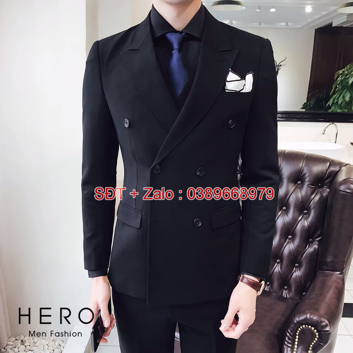 Bộ Vest Nam cao cấp 6 Cúc Màu đen, Bộ Suit nam Hàn Quốc 6 Cúc chất vải sịn
