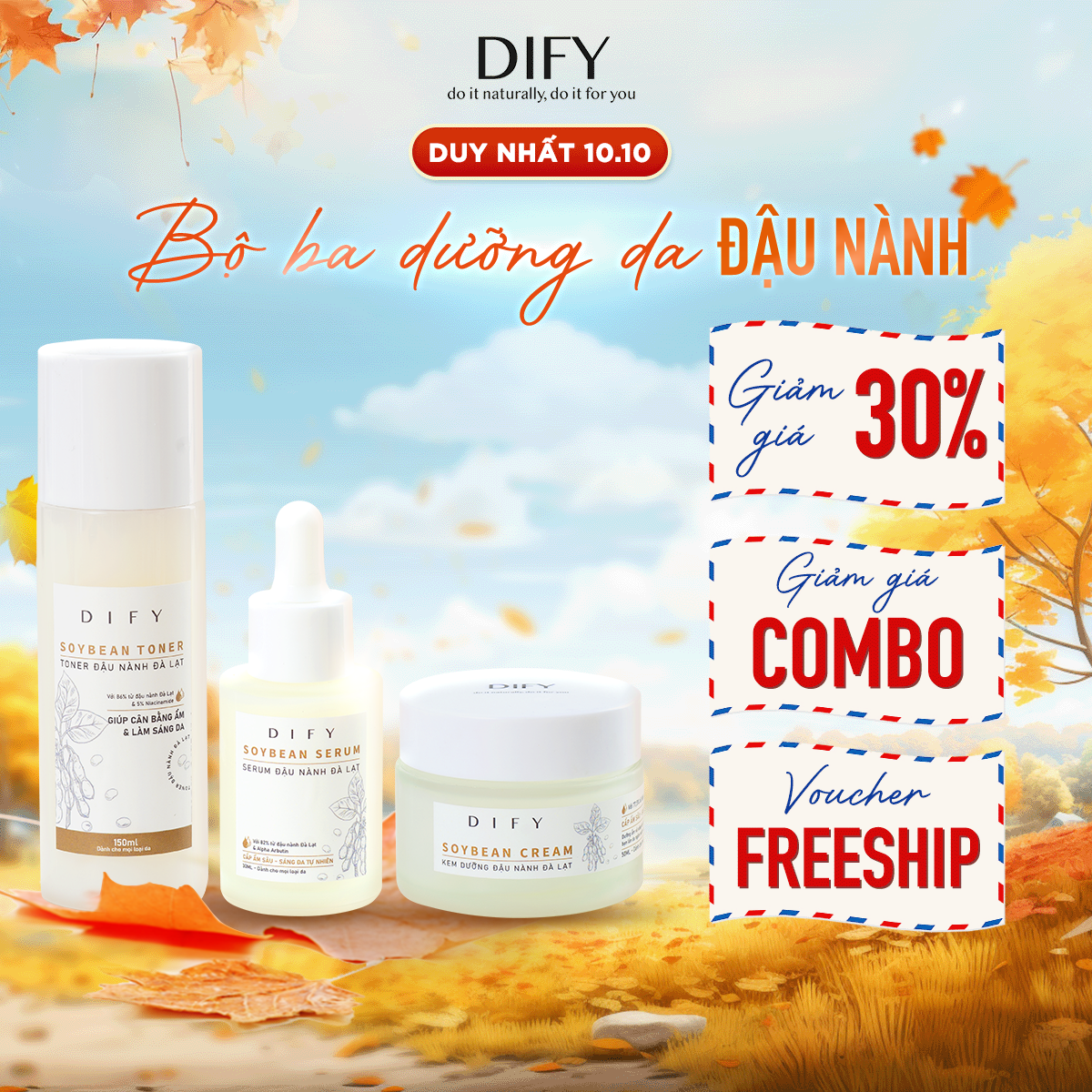 Bộ sản phẩm dify toner đậu nành 150ml + kem dưỡng đậu nành 50ml + serum đậu nành 30ml