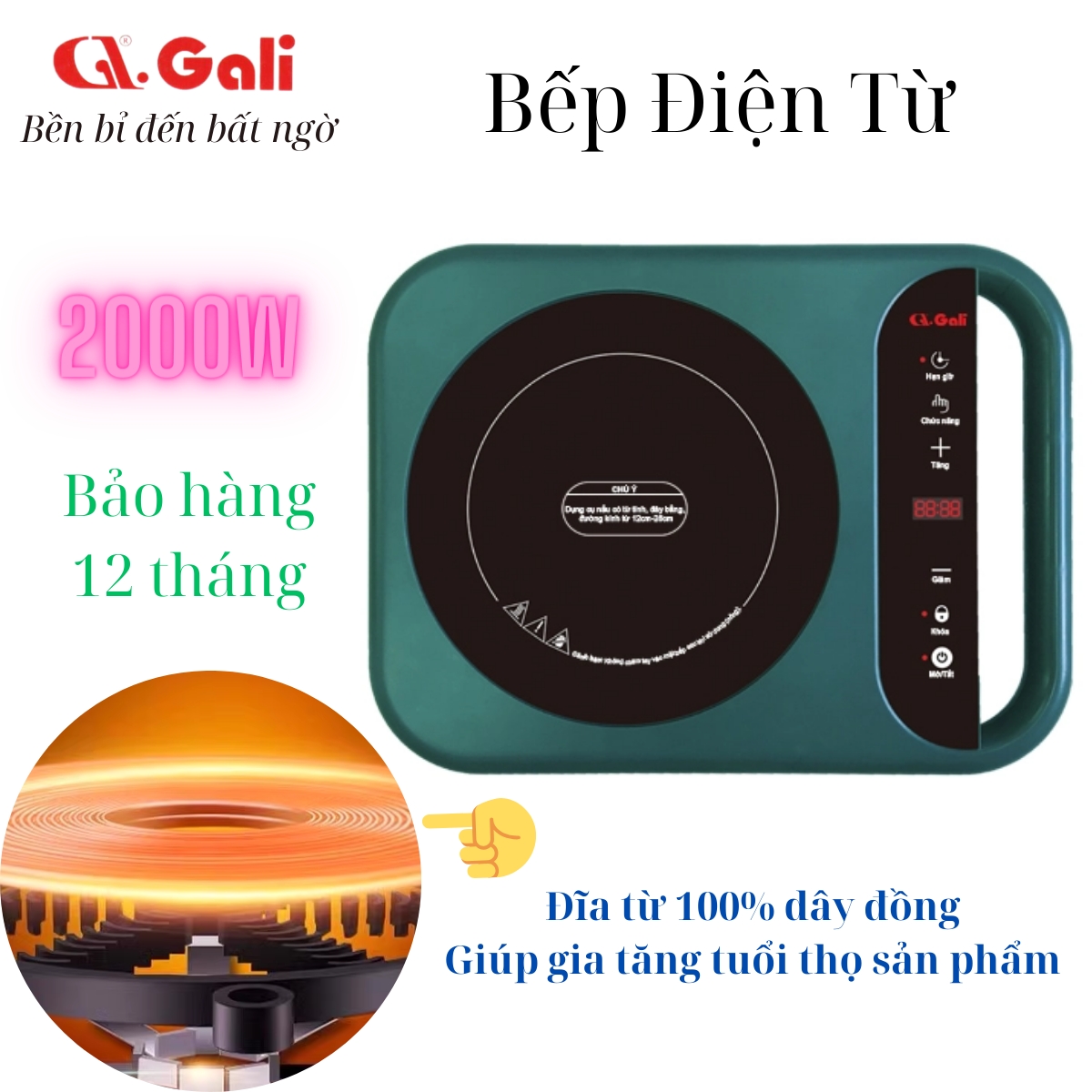 Bếp điện từ, điện quang, hồng ngoại đơn 2000w, hàng nhập khẩu chính hãng Gali bảo hành 12 tháng