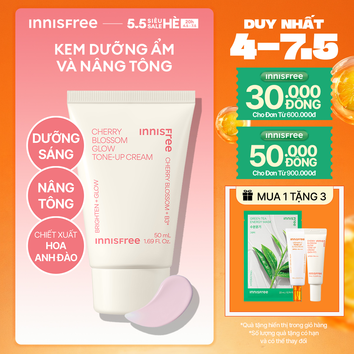 Kem nâng tông, dưỡng sáng làm đều màu da từ hoa anh đào INNISFREE Cherry Blossom Tone Up Cream 50ml
