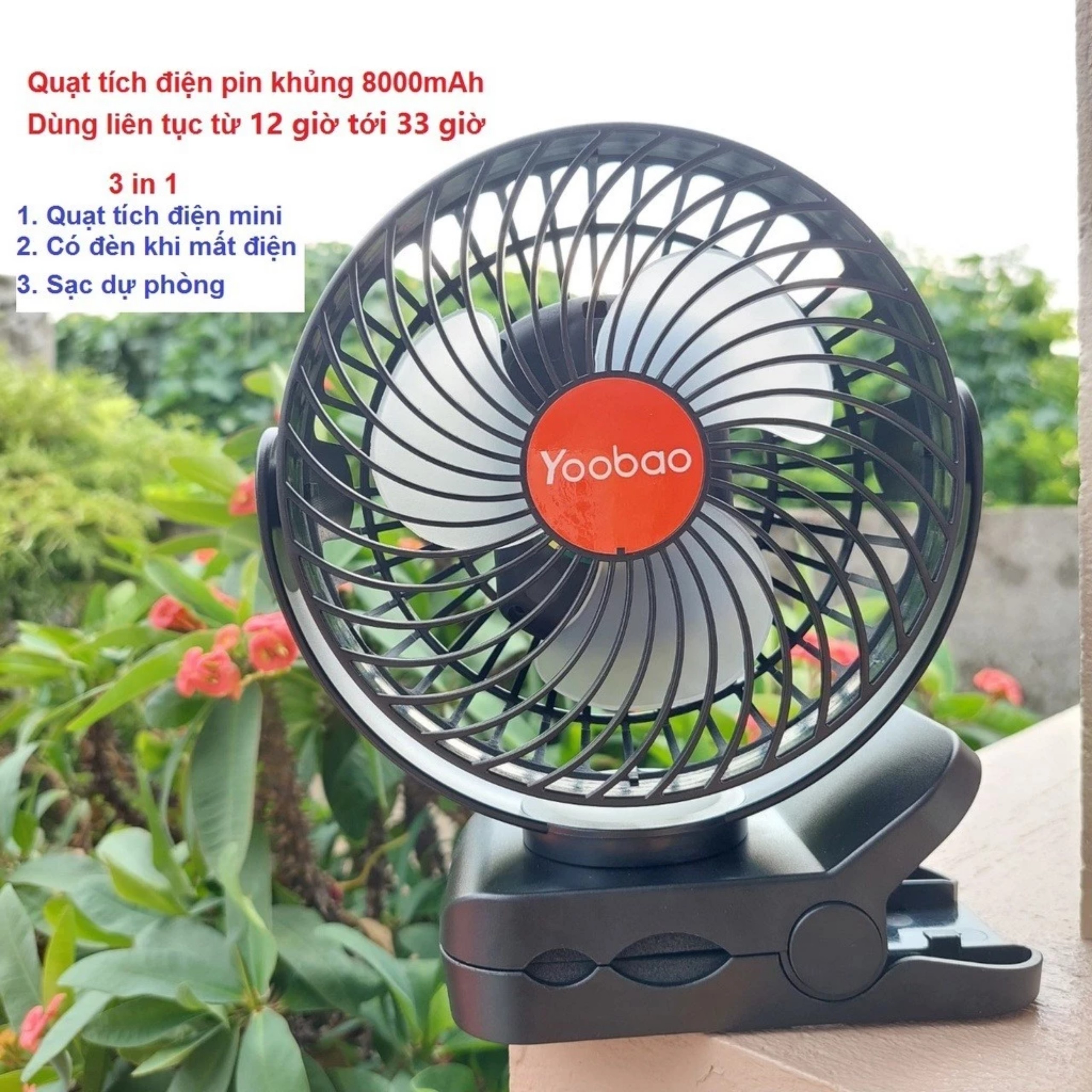 QUẠT KẸP TÍCH ĐIỆN YOOBAO F8 CÓ ĐÈN CHIẾU SÁNG, KIÊM SẠC DỰ PHÒNG 3IN1 PIN 8000mAh