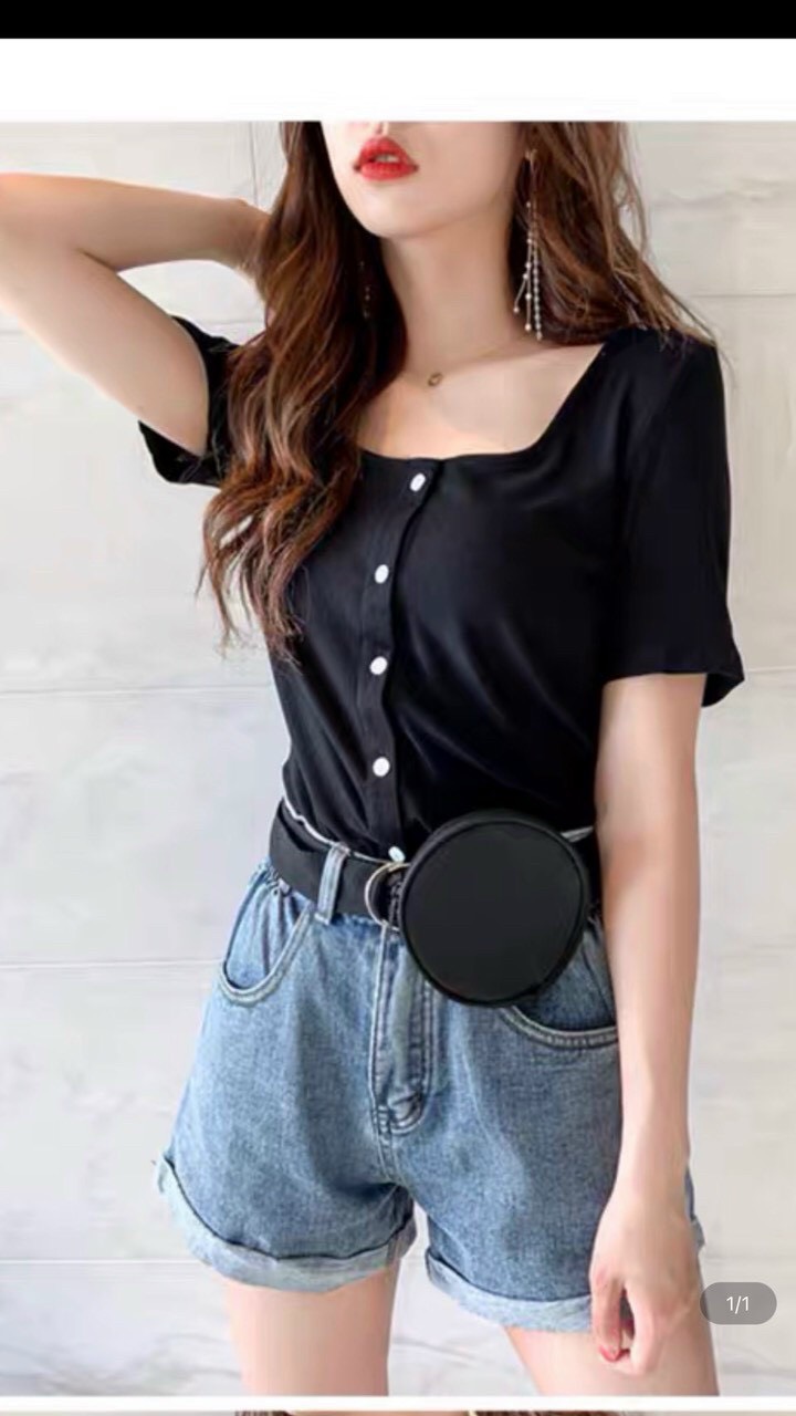 Áo Thun Gân Len Nữ - Thiết Kế Tay Lỡ Gài Nút - Chất Liệu Thun Gân Mềm