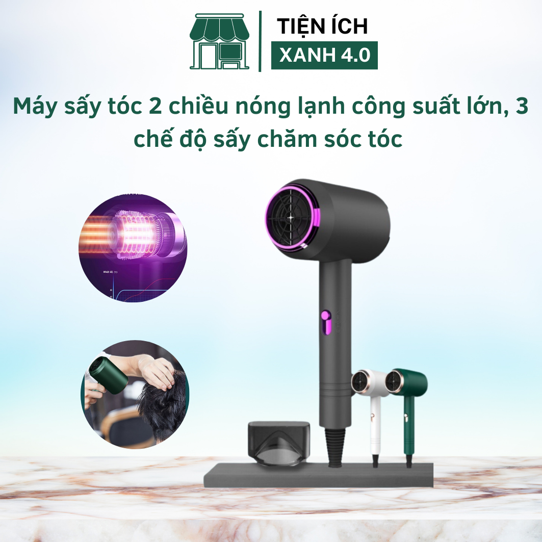 Máy sấy tóc 2 chiều nóng lạnh công suất lớn 2300W nhanh khô tóc, 3 chế độ sấy chăm sóc tóc chuẩn salon, tặng kèm mỏ vịt