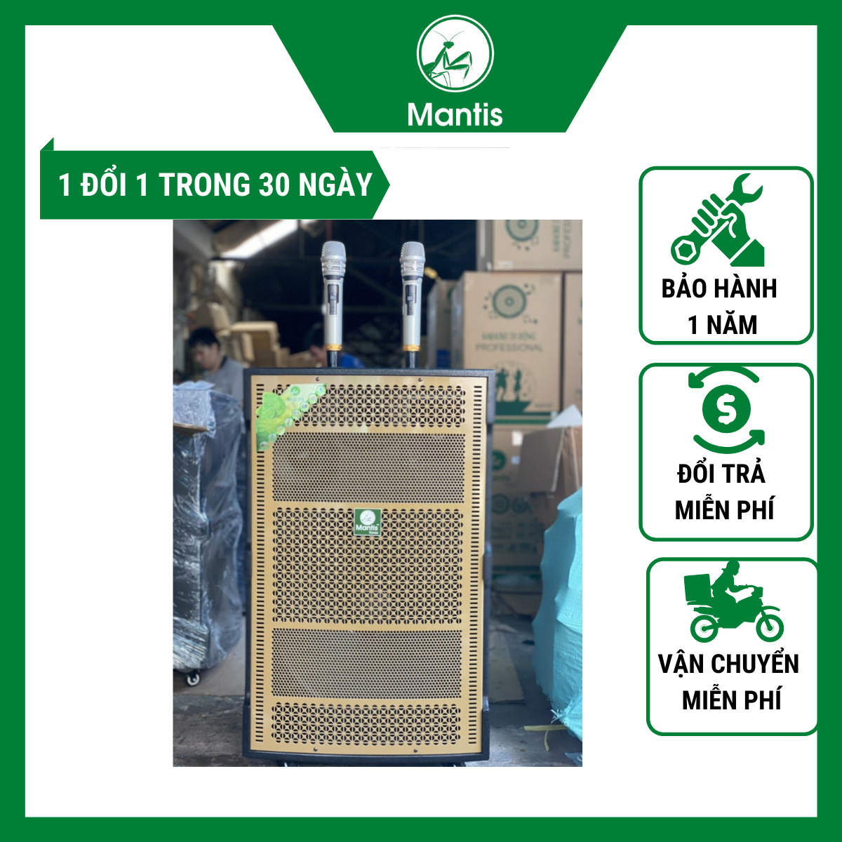 Loa kéo công suất lớn Mantis Model MT9409-1A tiếng micro sáng công suất 1000W tặng hai micro hút âm