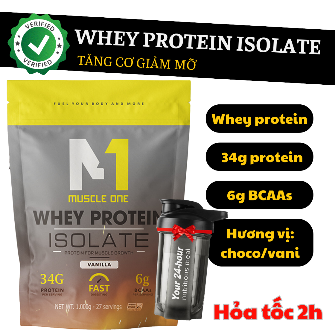 Tặng bình lắc whey protein isolate, sữa giảm cân tăng cơ muscle one 1kg