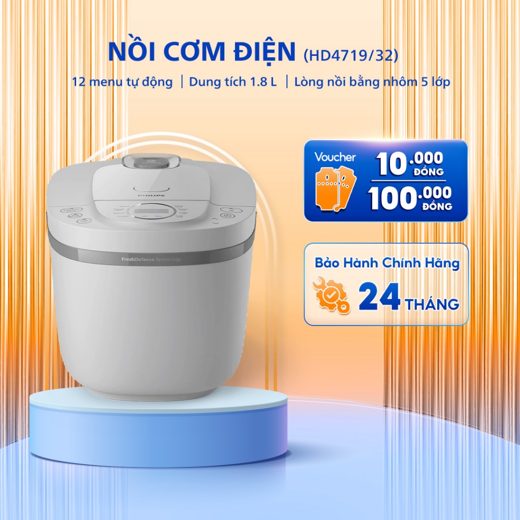 Nồi cơm điện tử Philips HD4719/32 - Dung tích 1.8 L - 12 chương trình nấu sẵn - Bảo hành 24 tháng