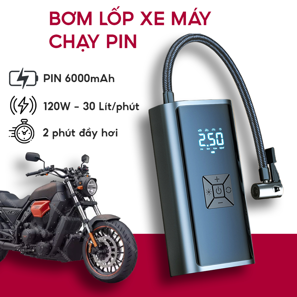 Máy bơm xe máy tự động AutoX 120W tặng kèm pin 6000mAh công suất 30 lít trên phút cực kì đa năng tiện dụng