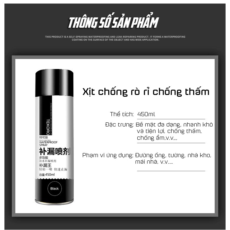 Chai xịt chống thấm nước cao cấp TEKORO 450ml - Chống thấm tường, trần, mái nhà, sân thượng, nhà vệ sinh, máng sói HLS856