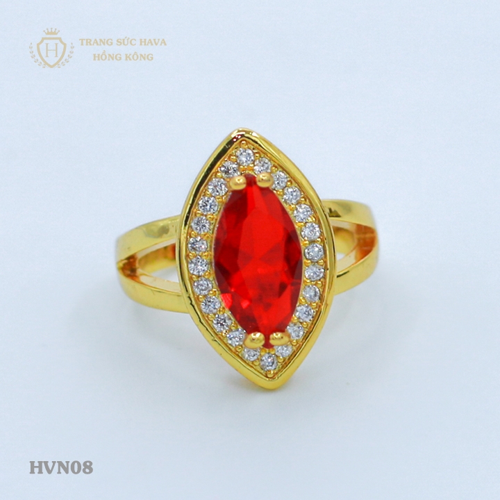 Nhẫn Nữ Mặt Oval Đính Đá (Màu Đỏ), Titan Xi Mạ Vàng Thật 10k, 18k, 24k Cao Cấp (Không Bị Đen) - Trang Sức Hava Hong Kong Phong Cách Thời Trang