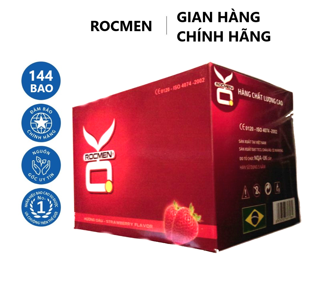 Freeship Bộ 1 hộp lớn bao cao su Rocmen Dâu 144 cái - cho cảm giác thăng hoa