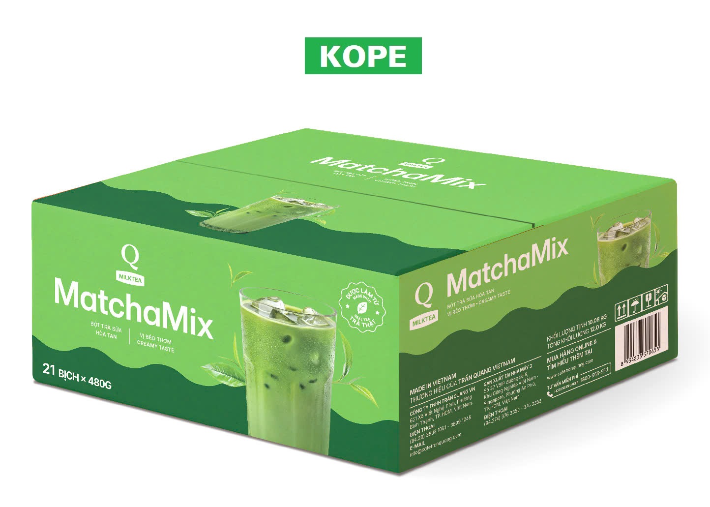 Matcha trà sữa trần quang hòa tan matcha mix uống liền thùng 10kg x bịch 480g x 24 gói 20g KOPE