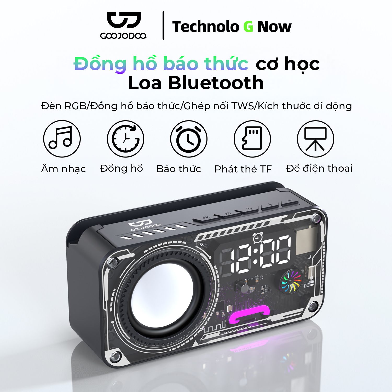 Loa không dây GOOJODOQ Bluetooth 5.3 Thiết kế kiểu dáng cơ học Màn hình LED hiển thị thời gian với đèn RGB