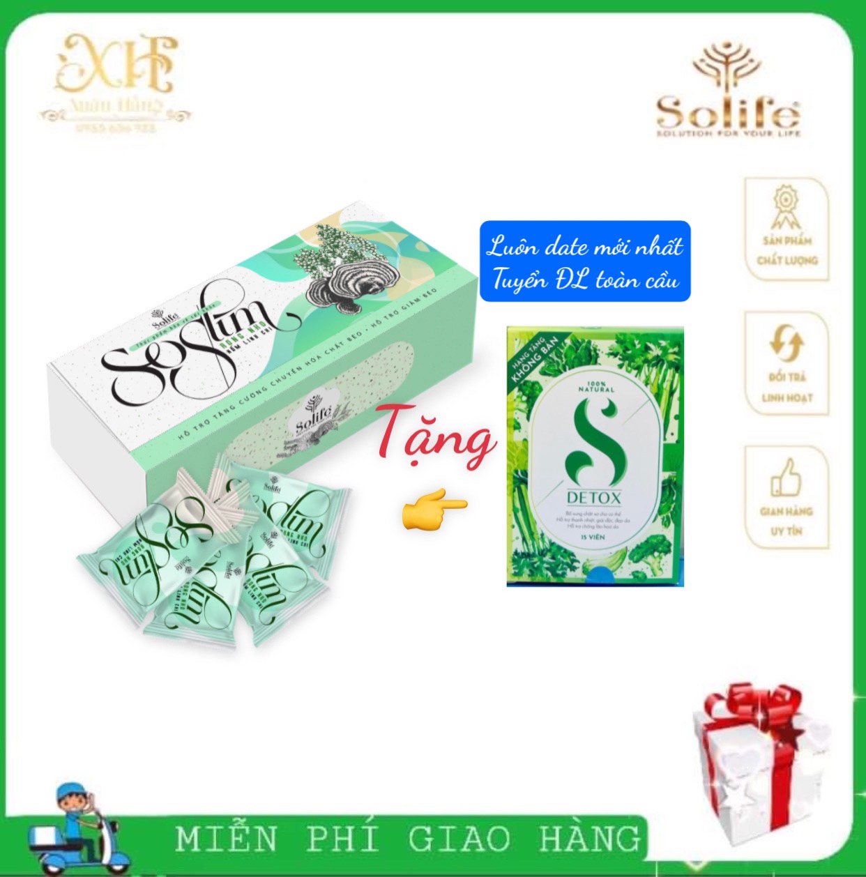 [FREE SHIP] Kẹo thải mỡ rong nho nấm linh chi vàng Soslim tặng kèm viên detox rau củ cam kết giảm 3-10kg trên 1 liệu trình -Xuân Hằng Solife