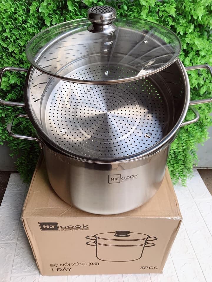 [ảnh thật] Bộ nồi và xửng hấp inox 430 bếp từ 1 đáy HT COOK 28cm nắp kính dùng được bếp từ - bảo hành 1 tháng luôn