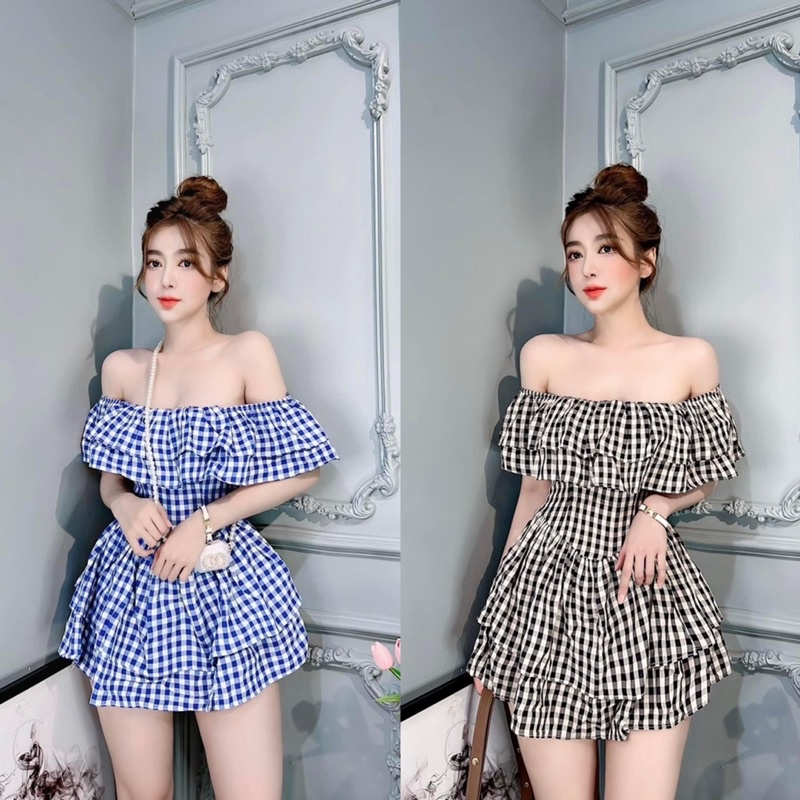 Váy đầm xòe ngắn kẻ caro 2 tầng trễ vai tay bồng bánh bèo