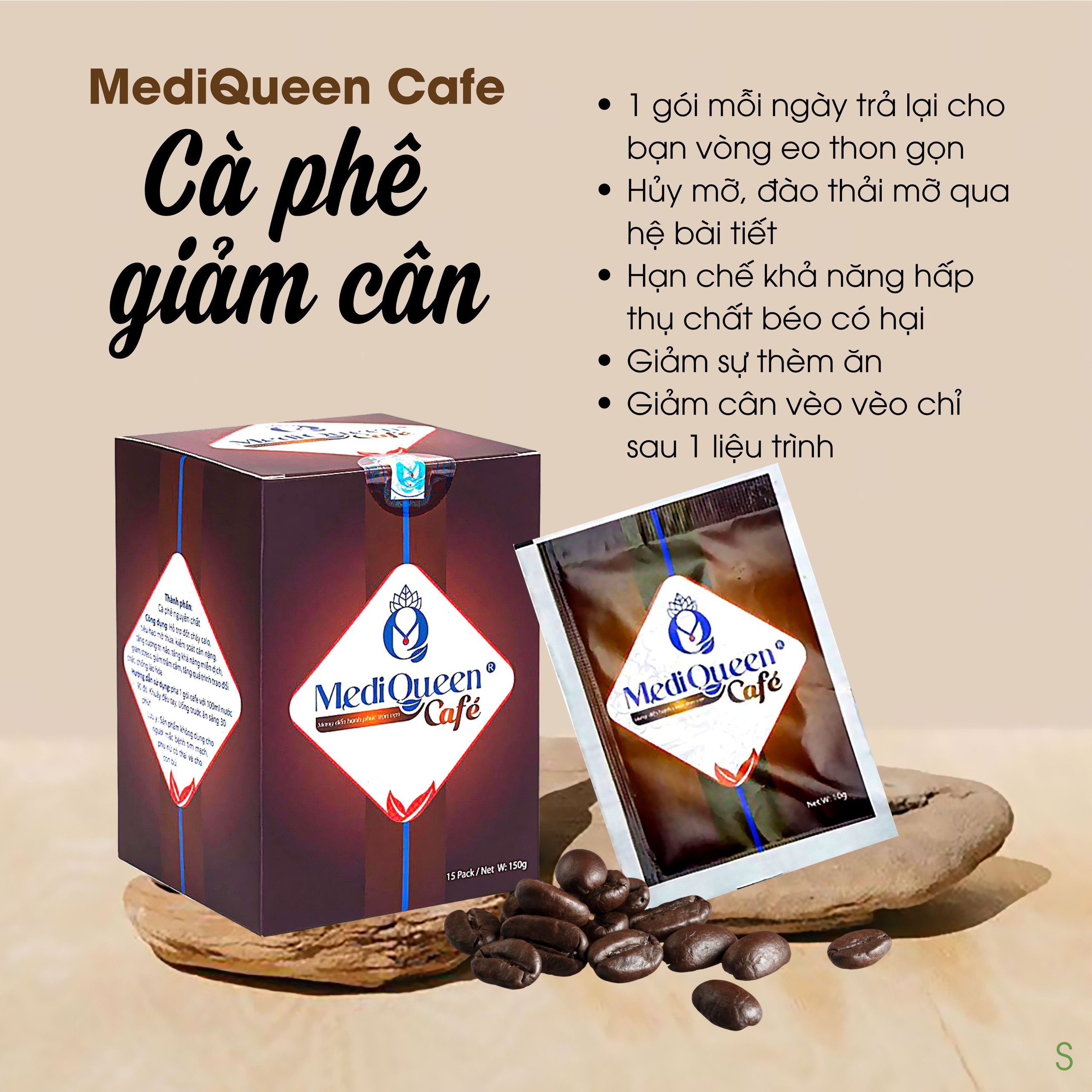 Cafe Giảm Cân Mediqueen  - hủy mỡ - giảm thèm ăn - phân giải mỡ thừa - đào thải độc tố - Freeship - Hộp 15 gói - Chính hãng
