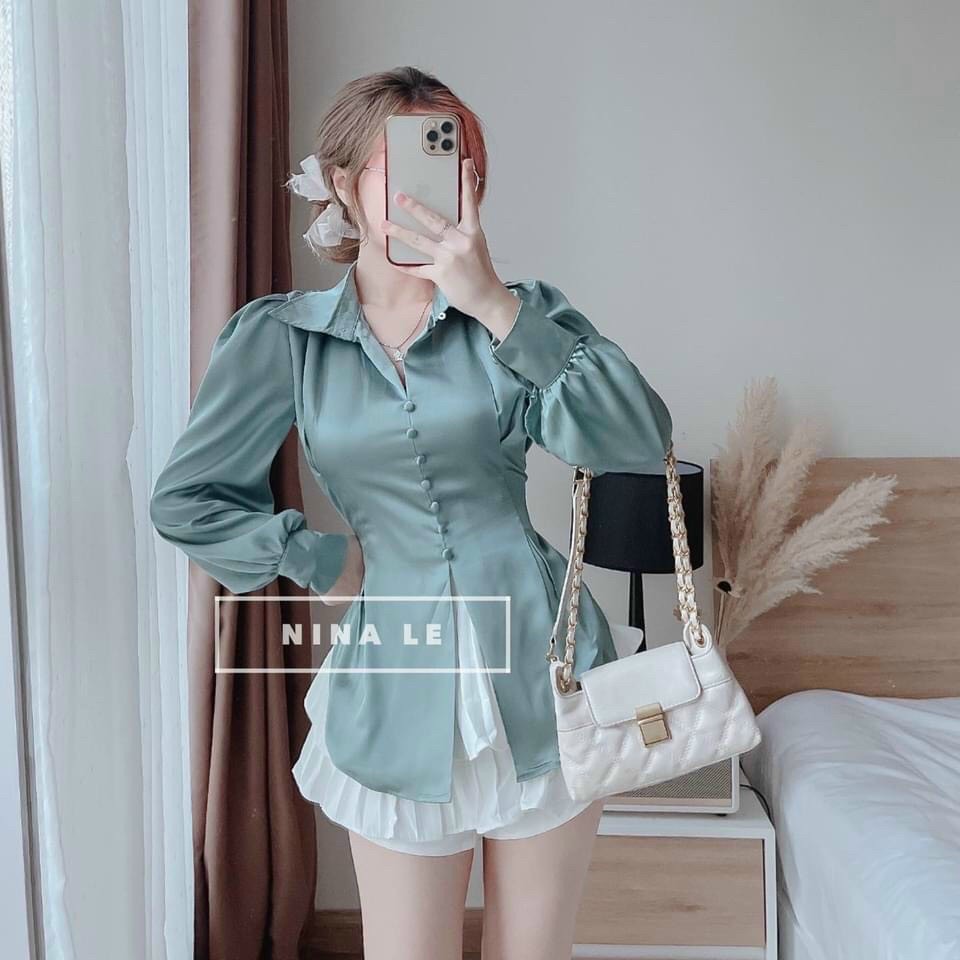 Áo sơ mi kiểu, nhấn eo tay dài cột nơ phía sau cực xinh