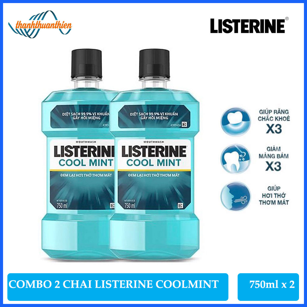 Combo 2 Chai Nước Súc Miệng Diệt Khuẩn Giữ Hơi Thở Thơm Mát Hương Bạc Hà Listerine Cool Mint (750ml/Chai)
