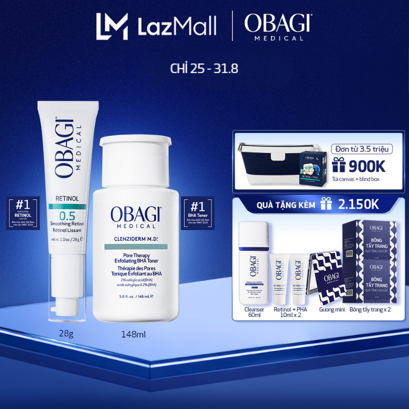 Bộ đôi Toner Obagi Clenziderm M.D. Exfoliating 2% BHA 148ml và Kem Dưỡng Làm Mờ Nếp Nhăn  Làm Đều Màu Da Obagi Retinol 0.5 28g