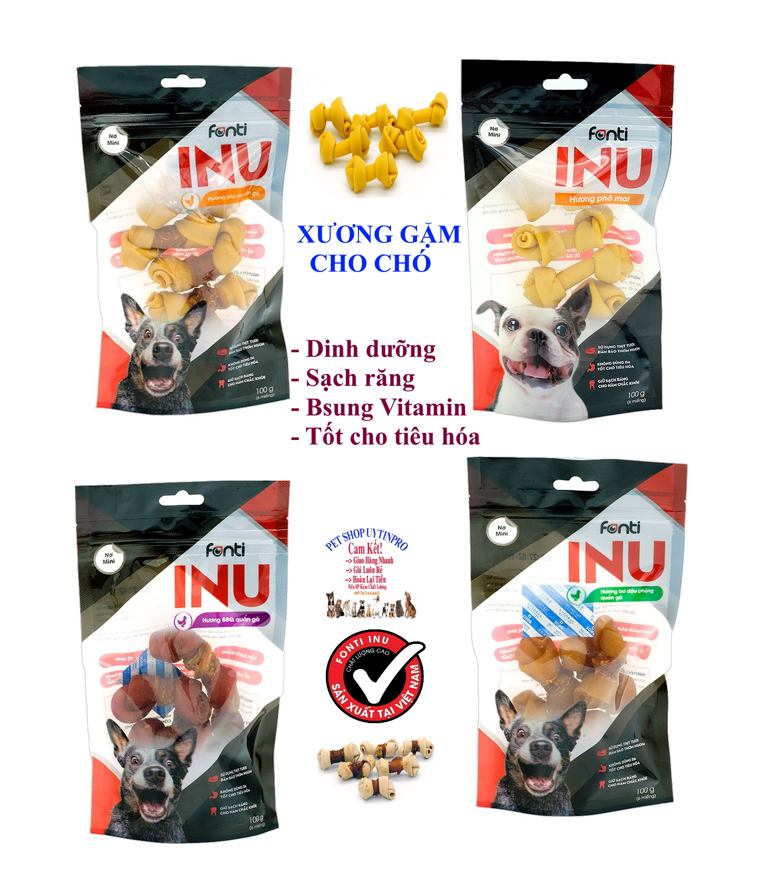[Hoàn tiền 10%]  XƯƠNG GẶM CHO CHÓ Fonti INU Nơ Mini Gói 100g Thơm ngon Dinh dưỡng Sạch răng Giúp hàm chắc khỏe Tiêu hóa tốt SX tại VN - Pet shop Uytinpro