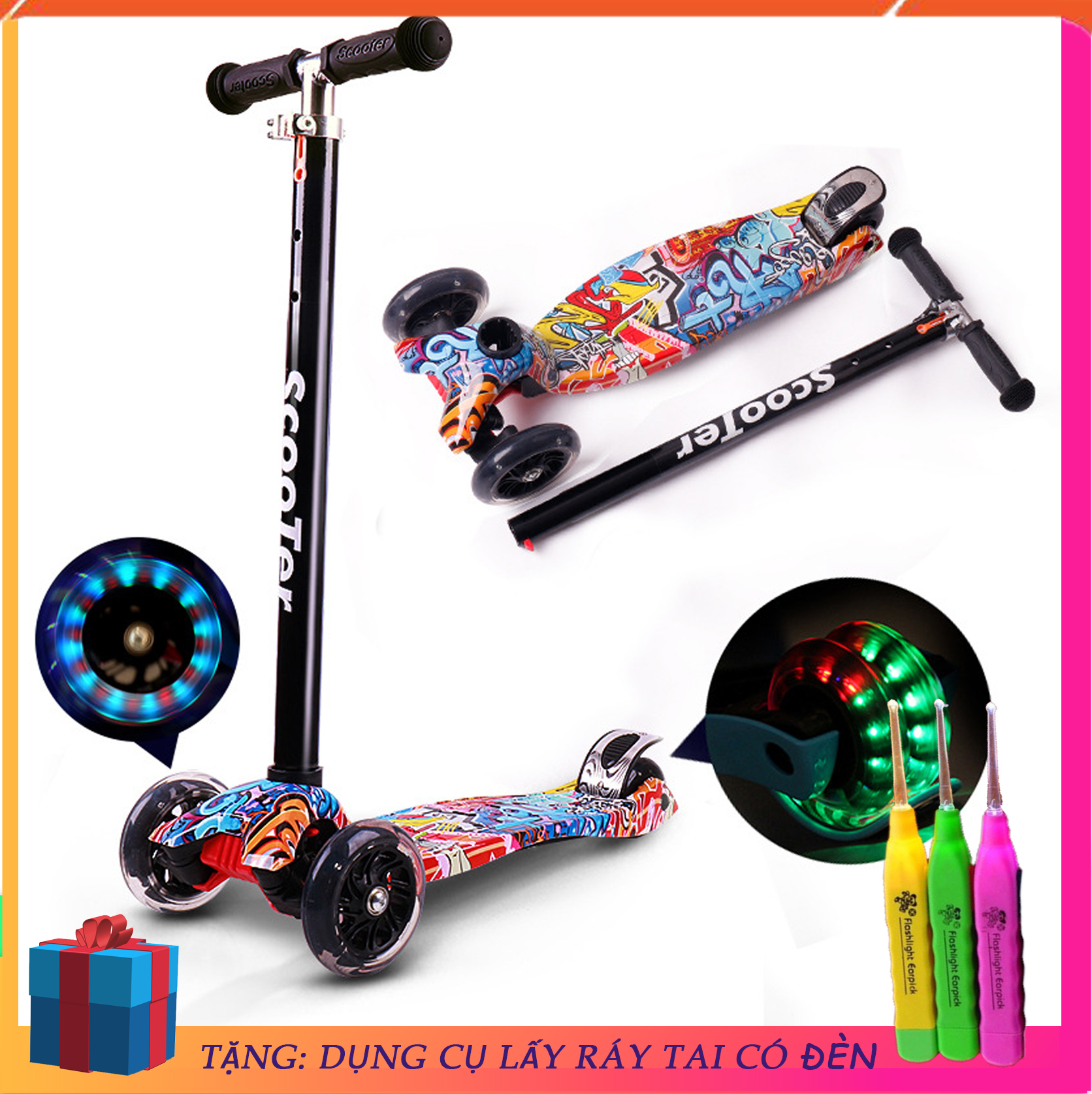 Xe Scooter Trẻ Em, Xe trượt Scooter cao cấp bằng kim loại siêu chắc chắn, có đèn led cho trẻ từ 3 - 17 tuổi (tải trọng 100kg), gấp gọn tiện lợi