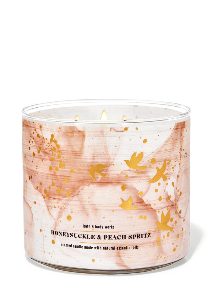 Nến thơm 3 bấc bath & body work- honeysuckle & peach spritz411gr)