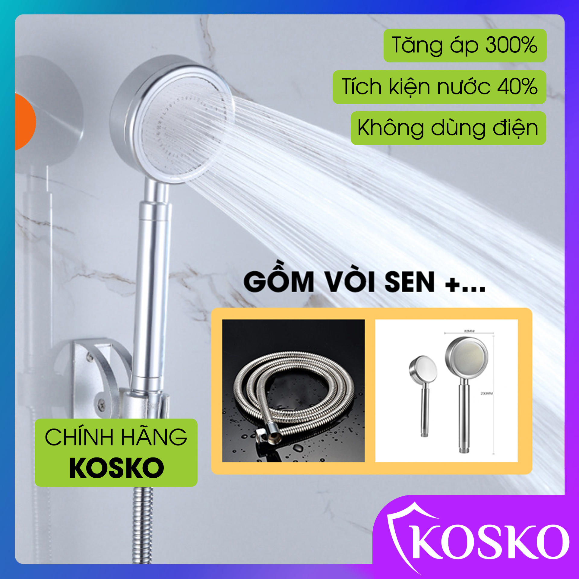 Vòi sen tăng áp, vòi sen tắm nhôm nguyên khối Công Nghệ Nano Siêu tiết kiệm nước - Phù hợp với mọi dây cấp, Dễ dàng lắp đặt không cần gọi thợ, bát sen cầm tay