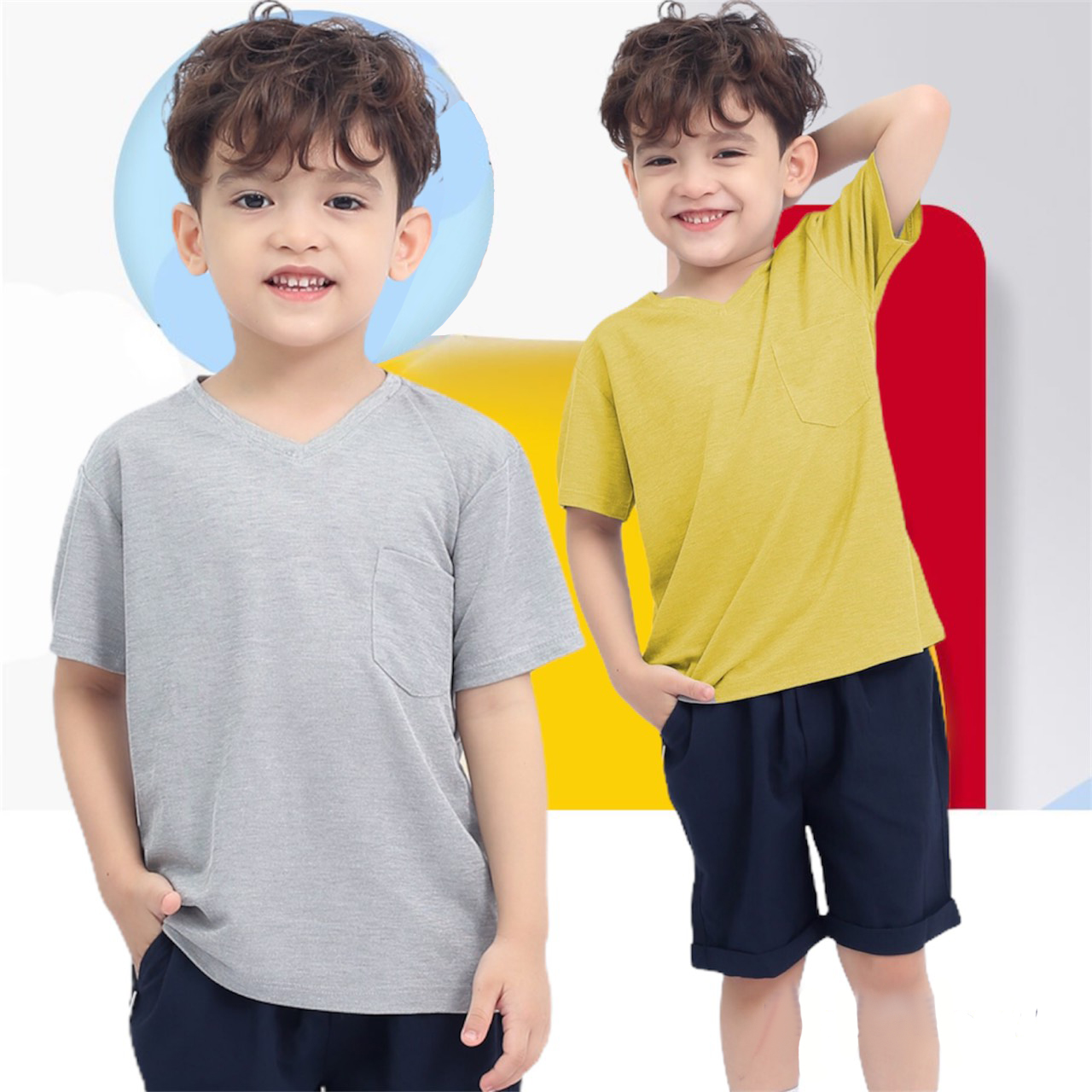 Áo thun cổ tim trơn cho bé trai dáng basic có túi sành điệu TANOSA