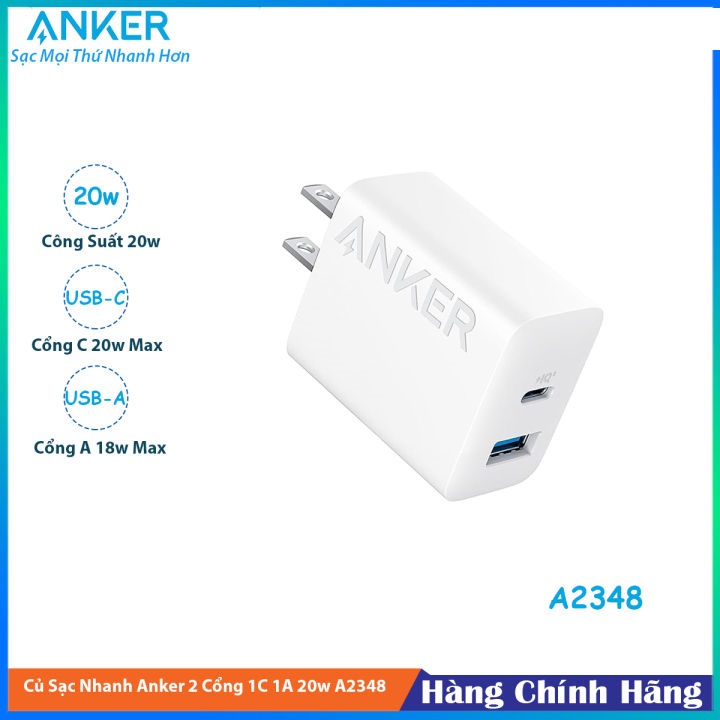 Củ Sạc nhanh Anker 20w 2 Cổng C+A IQ3 - A2348 dùng cho các dòng điện thoại