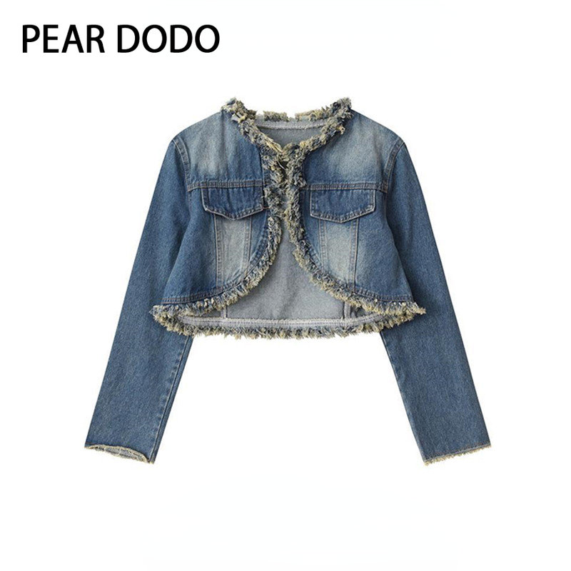 PEAR DODO Hàn Quốc R thô Selvage quần soóc rộng tay áo Áo khoác Denim cho phụ nữ#L0107