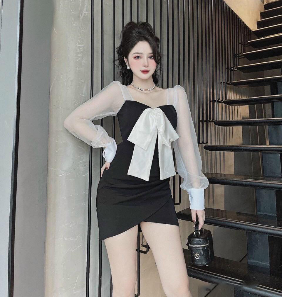 Đầm Váy Thời Trang Nữ Ôm Body Phối Tay Lưới Dài Kèm Nơ Trước Ngực ( Có Mút Ngực ) No1-SG -Fashion