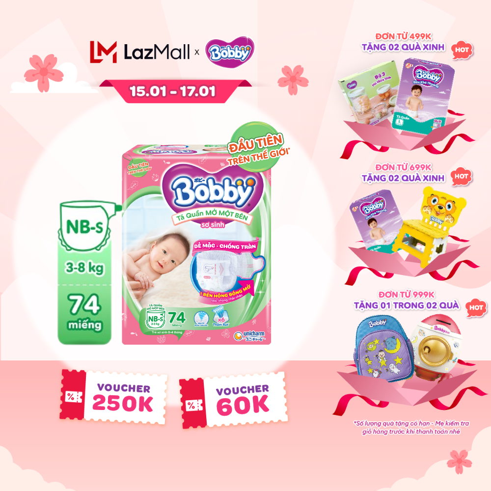 [CHỈ 20H 15-17.01 QUÀ TẶNG ĐH 499K] [MỚI] Tã/bỉm quần Mở Một Bên Bobby size NB-S 74+4 miếng - Số miếng tặng thay đổi theo tùy đợt nhập hàng