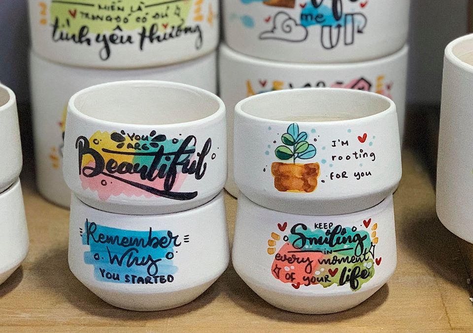 CHẬU VẼ, CHẬU ĐẤT VẼ, QUÀ TẶNG SINH NHẬT, CHẬU CÂY MINI. CHẬU SEN MINI