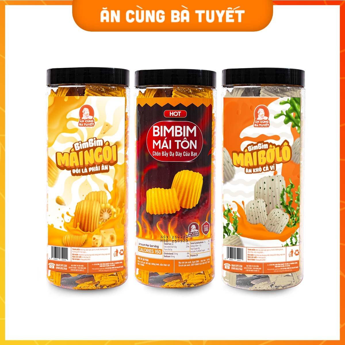 Combo mái ấm : bim bim mái tôn + bim bim mái ngói + bim bim mái bờ lô tặng thêm 2 gói bánh tráng trộn - ăn cùng bà tuyết