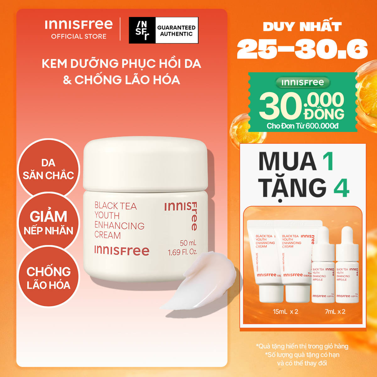 Kem dưỡng da ban đêm ngăn ngừa lão hóa từ trà đen INNISFREE Black Tea Enhancing Cream 50 mL