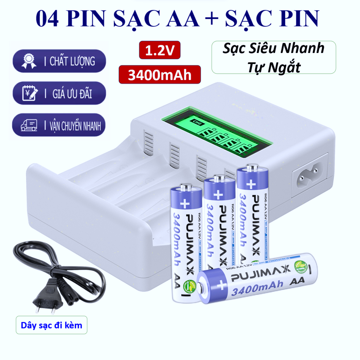 Bộ Sạc Pin AA/AAA + 04 Pin Sạc AA 3400mAh / Sạc Pin Tiểu Fujimax LCD-04  Là Dòng Sạc Pin Nhanh Tự Ngắt có Màn LCD | Chính Hãng