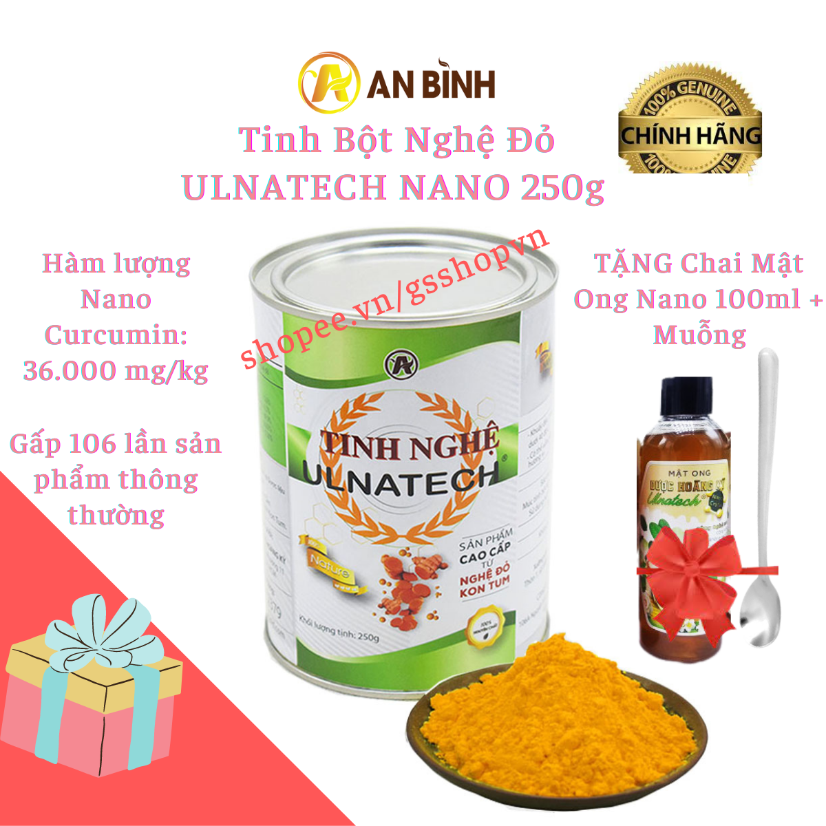 Tinh Bột Nghệ Đỏ ULNATECH NANO 250g An Bình, Tặng Chai Mật Ong, Tặng muỗng, Curcumin Rất Cao, Đẹp Da, Hỗ Trợ Viêm Dạ Dày