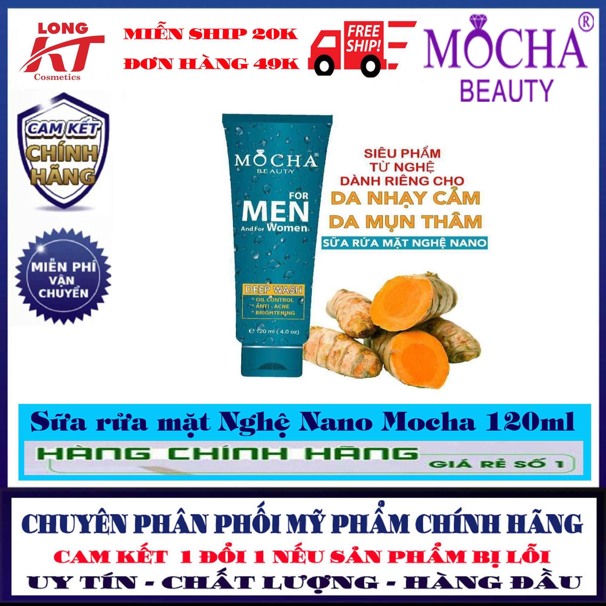 [Feeshipmax - Chính hãng - Giá Sĩ - Mocha Beauty ] Sữa rửa mặt Nghệ Nano Mocha Nhẹ nhàng cuốn trôi mọi bụi bẩn cùng cặn trang điểm từ sâu bên trong lỗ chân lông. - Kháng viêm, hỗ trợ làm se cồi mụn. - Điều tiết dầu nhờn, giảm đồ dầu đến 80%.