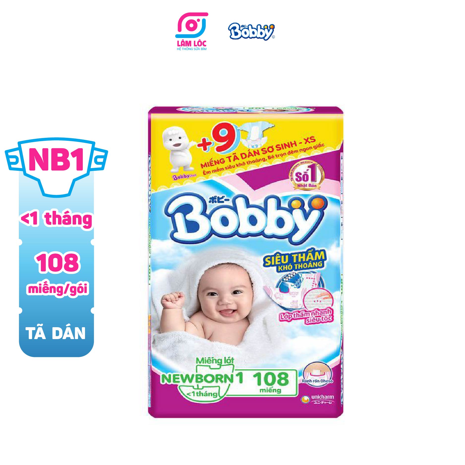 Bỉm dán Bobby, miếng lót sơ sinh Bobby NB1 (108 Miếng ) dành cho bé dưới 1 tháng ( hỗ trợ phí ship, đánh giá 5 sao để nhận voucher 5k )