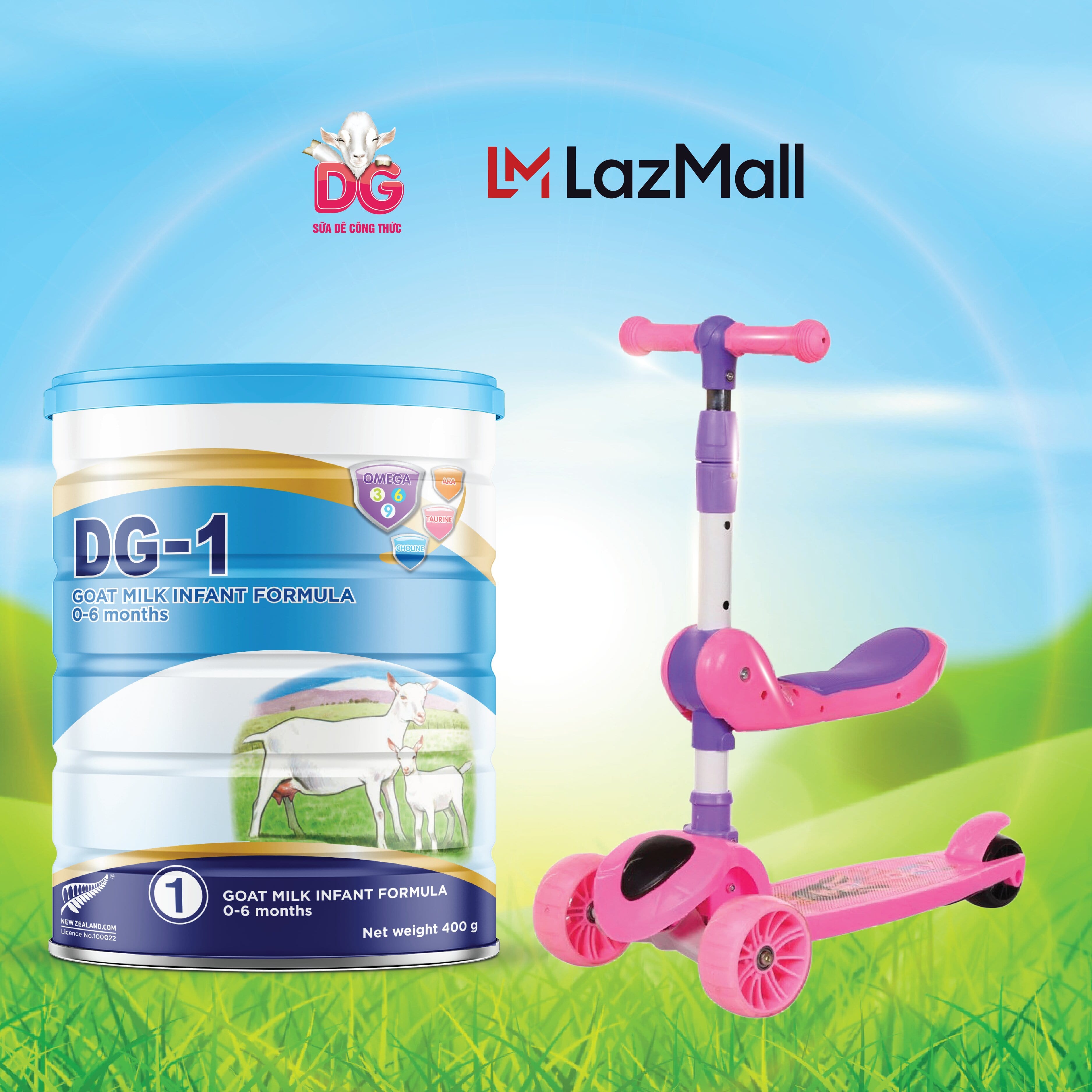 Cb 8 lon sữa dê dg-1 400gr tặng 1 xe trượt scooter