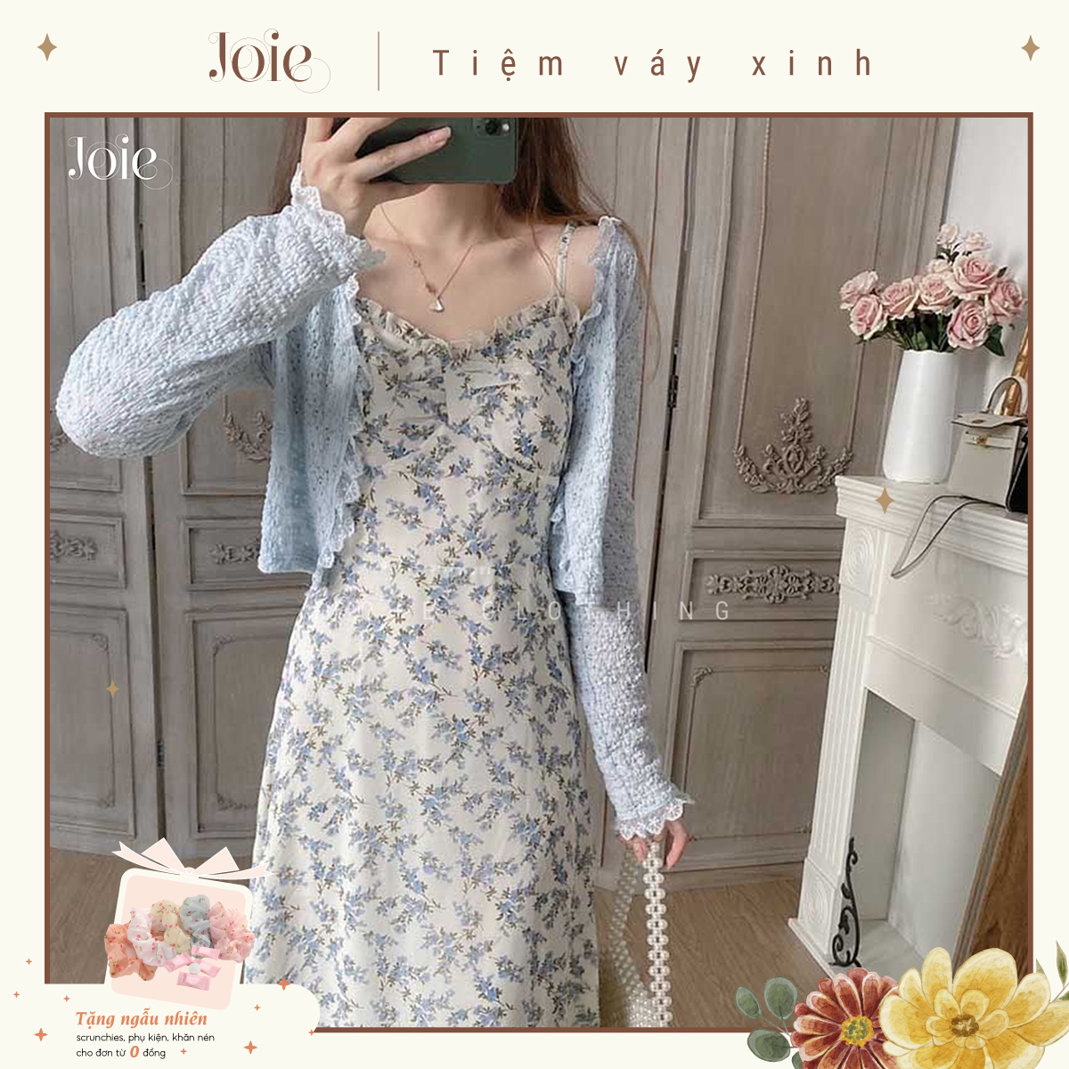 Đầm 2 dây hoa nhí ngực bèo nhún kèm áo khoác cardigan - joie