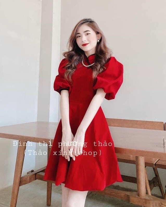 Đầm Nữ Dự Tiệc Màu Đỏ Tươi Chất Liệu Umi Co Dãng Thiết Kế Tiểu Thư Sang Trọng Thời Trang HARI