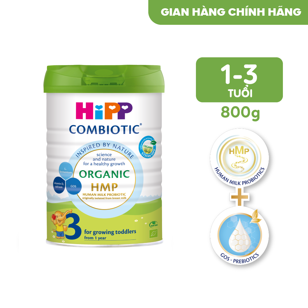 Sữa bột dinh dưỡng công thức HiPP 3 Organic Combiotic 800g chất lượng hữu cơ tự nhiên an toàn, hỗ trợ, tăng cường sức khoẻ hệ miễn dịch, bổ sung Canxi và vitamin D dành ?cho trẻ trên 12 tháng tuổi (AS2487)