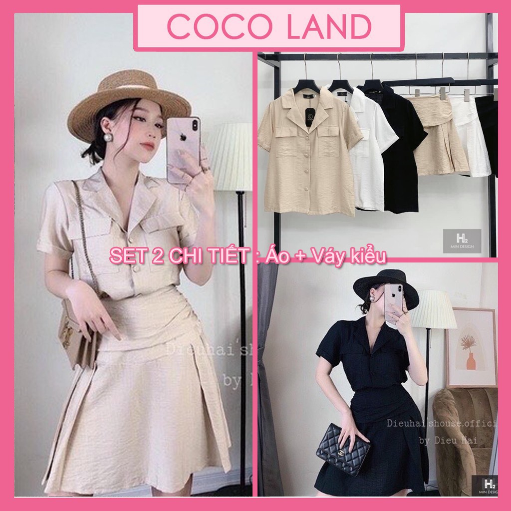 Áo sơ mi cổ vest kèm chân váy ngắn cách điệu Vải đũi thái siêu cao cấp - áo vest cộc tay